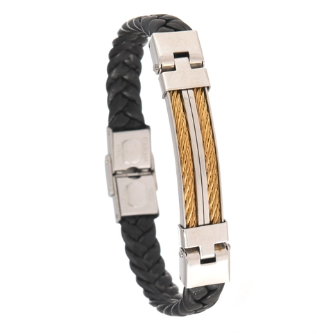 Pulsera de Cuero Trenzado y Acero Inoxidable para Hombre Con Inserto de Cable de Acero Cierre Magnético Estilo Punk Joyería