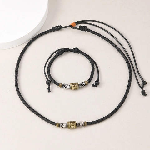 Herren Retro Ethno Anhänger Halskette Armband Set Geflochtenes Leder Wachsseil Verstellbar Religiöses Symbol Totem Legierung Schmuck