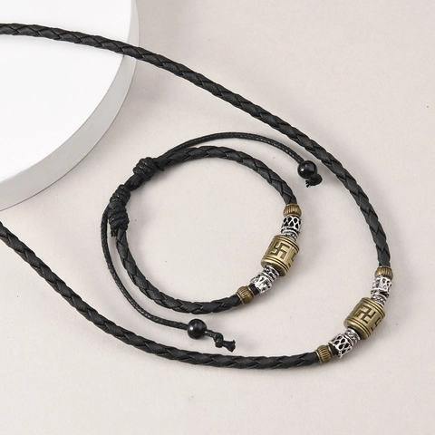 Herren Retro Ethno Anhänger Halskette Armband Set Geflochtenes Leder Wachsseil Verstellbar Religiöses Symbol Totem Legierung Schmuck