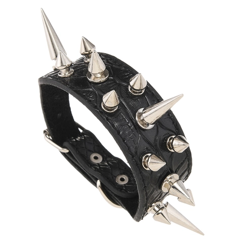Pulsera de Cuero de Vaca Ancha Vintage Punk para Hombre Pulsera de Puño Gótica con Calaveras y Picos con Hebilla de Pasador de Aleación Ajustable Joyería