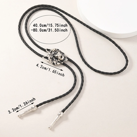 Vintage Zinklegering Wolfskop Hanger Bolo Tie Voor Heren Dames PU Leer Gevlochten Koord Western Cowboy Stropdas Mode Sieraden