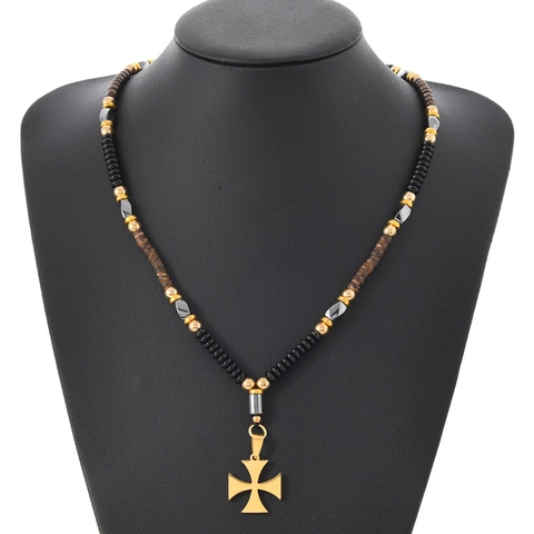 Ensemble Collier et Bracelet en Perles Croix de Malte Vintage en Acier Inoxydable Obsidienne Noire Perles en Bois Bijoux Punk Unisexe