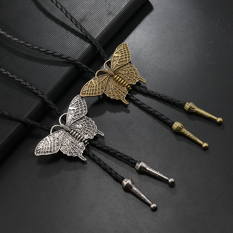 Vintage Butterfly Bolo Tie For Men Women Alloy Pendant PU Leather Braided Rope Adjustable Western Cowboy Punk Style Jewelry Necklace