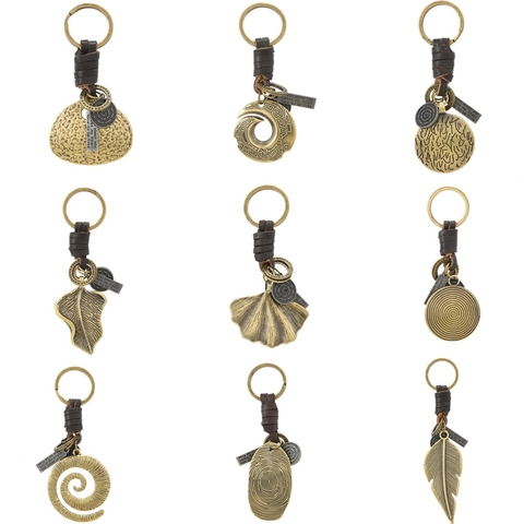 Vintage Industrial Alloy Ginkgo Leaf Feather Keychain Cowhide Woven Leather Pendant Retro Metal Keyring For Men Women Gift