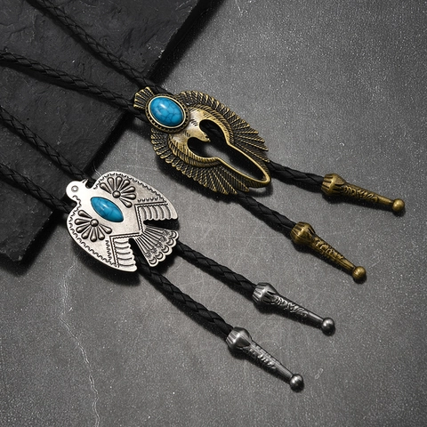 Vintage Western Eagle Turquoise Bolo Tie Adjustable PU Leather Braided Cord Necklace Bronze Silver Ethnic Jewelry For Unisex