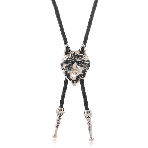 Vintage Zinklegering Wolfskop Hanger Bolo Tie Voor Heren Dames PU Leer Gevlochten Koord Western Cowboy Stropdas Mode Sieraden