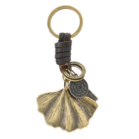 Vintage Industrial Alloy Ginkgo Leaf Feather Keychain Cowhide Woven Leather Pendant Retro Metal Keyring For Men Women Gift