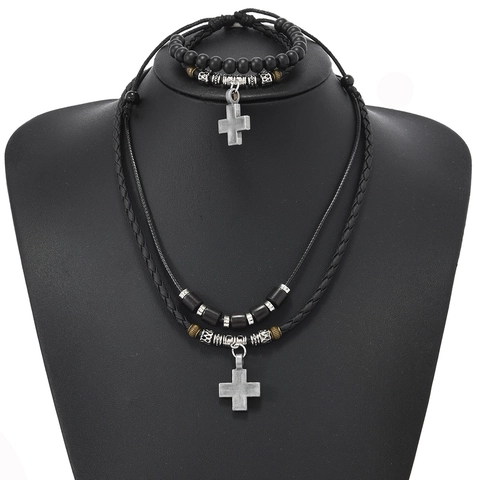 Vintage Legierung Kreuz Anhänger Halskette Und Armband Set Für Herren Damen Retro Leder Seil Layered Schmuck Punk Stil Accessoire