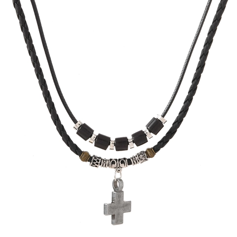 Vintage Legierung Kreuz Anhänger Halskette Und Armband Set Für Herren Damen Retro Leder Seil Layered Schmuck Punk Stil Accessoire