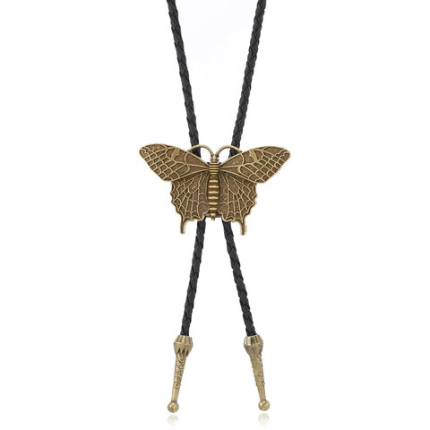 Vintage Butterfly Bolo Tie For Men Women Alloy Pendant PU Leather Braided Rope Adjustable Western Cowboy Punk Style Jewelry Necklace