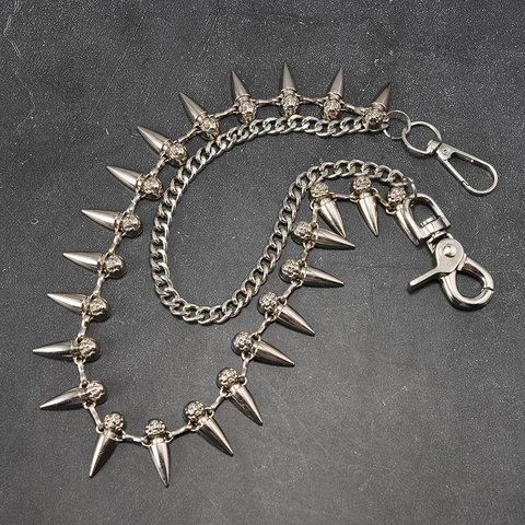 Double Layer Punk Metal Pant Chain With Skull And Spike Charms Hip Hop Gothic Silver Waist Wallet Chain For Men Women