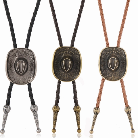 Cravatta Bolo Cappello da Cowboy Western Americano Vintage Per Uomo Donna Cordino in Pelle Intrecciata Ciondolo in Metallo Retro