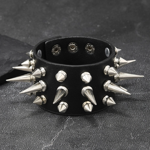 Punk Rock Schwarz PU Leder Armreif Mit Silber Metall Kegel Nieten Spikes Für Herren Damen Party Bühne Schmuck