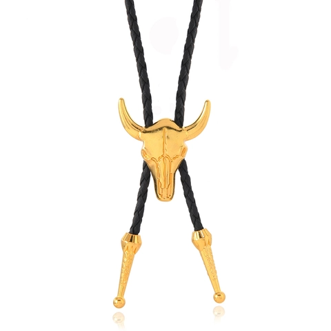 Cravatta Bolo Vintage Western Cowboy in Lega di Zinco Placcato Oro Testa di Toro Pecora Pentagramma Ciondolo Corda Pelle PU Uomo Donna