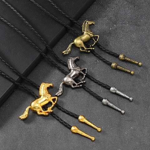 Vintage Western Cowboy Bolo Tie Retro Legierung Galoppierendes Pferd Anhänger Geflochtene Leder Seil Halskette Für Herren Damen Schmuck