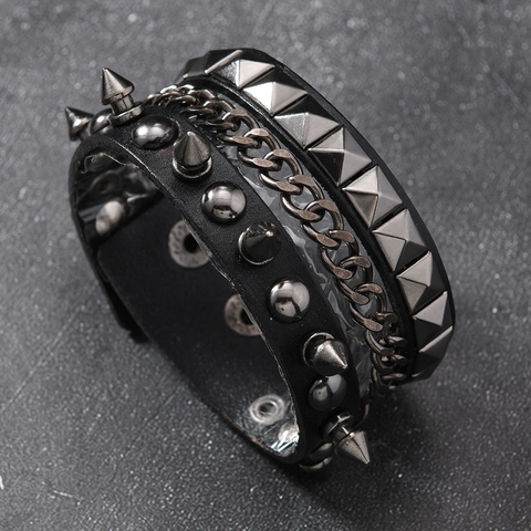 Punk Leather Bracelet Alloy Rivet Iron Chain Retro Multi-layer Studded Wristband Men Women Hip Hop Style Jewelry