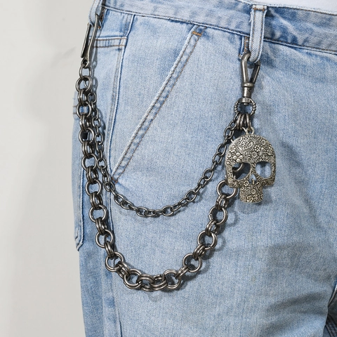 Catena per Pantaloni in Metallo a Doppio Strato Con Pendente a Teschio Intagliato Vintage Punk Hip Hop per Uomo Donna