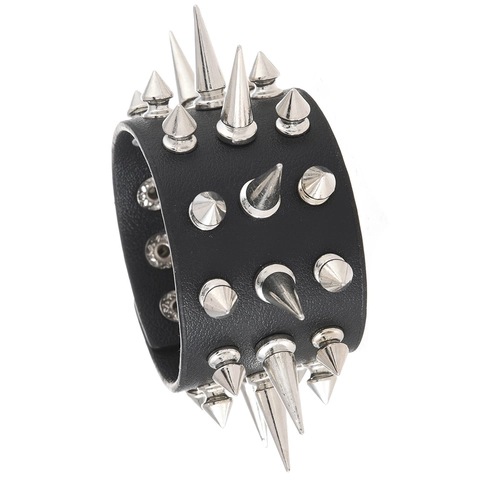 Punk Rock Schwarz PU Leder Armreif Mit Silber Metall Kegel Nieten Spikes Für Herren Damen Party Bühne Schmuck