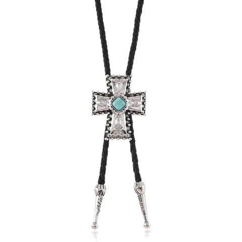 Collar de Corbata Bolo de Cruz de Aleación Vintage con Piedra Sintética de Turquesa Cordón de Cuero Trenzado Western Cowboy Punk Joyería