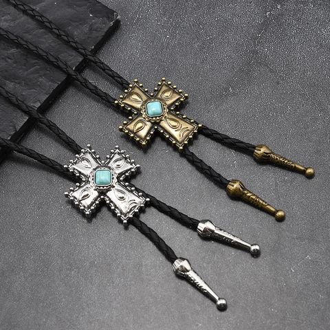 Collar de Corbata Bolo de Cruz de Aleación Vintage con Piedra Sintética de Turquesa Cordón de Cuero Trenzado Western Cowboy Punk Joyería