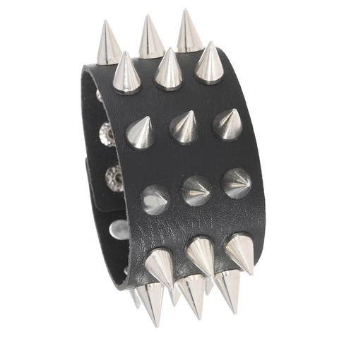 Bracciale a Polsino Largo in Pelle PU Nera Punk Rock Con 3 File di Punte in Metallo Argento Rivetti Bottone a Pressione Regolabile Gioielli da Uomo