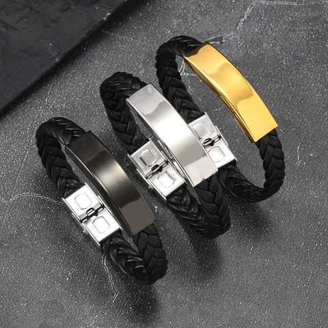 Pulsera de Moda para Hombre de Cuero PU Trenzado Con Placa ID de Acero Inoxidable Pulido Joyería Unisex Simple Regalo
