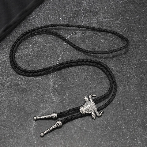 Vintage Westerse Cowboy Stierenkop Bolodrop Verstelbaar Gevlochten Leren Koord Hanger Ketting Voor Mannen Vrouwen Punk Sieraden