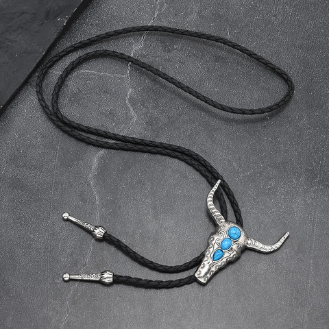 Vintage Western Cowboy Stierschädel Bolo-Krawatte Legierung Synthetischer Türkis Eingelegte Krawatte Verstellbares Lederseil Unisex