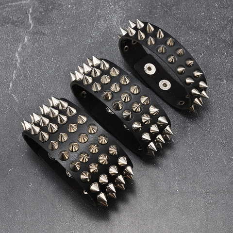 Pulsera de Cuero con Púas y Remaches Punk Rock para Hombre Brazalete Ancho Goth con Tachuelas de Aleación Joyería de Moda Negra Regalo