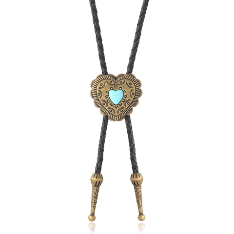 Corbata Bolo Vintage Western Cowboy Colgante Corazón Turquesa Sintética Cordón Cuero PU Negro Collar Hombre Mujer Joyería