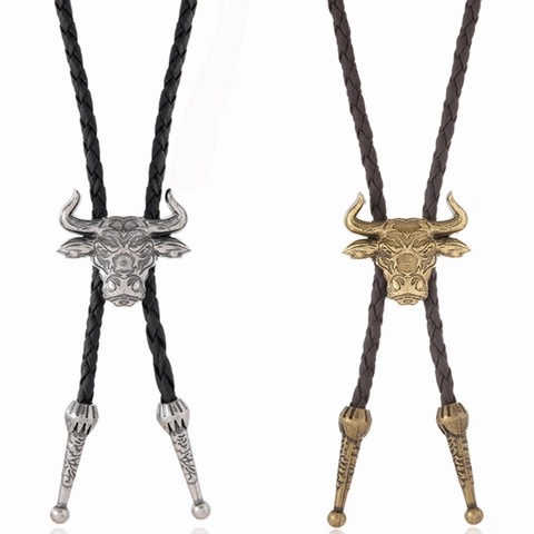 Vintage Westerse Cowboy Stierenkop Bolodrop Verstelbaar Gevlochten Leren Koord Hanger Ketting Voor Mannen Vrouwen Punk Sieraden