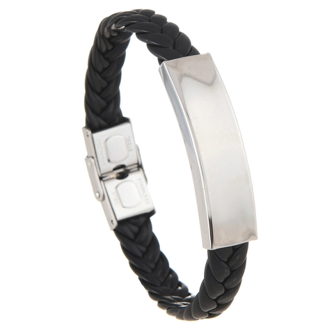 Pulsera de Moda para Hombre de Cuero PU Trenzado Con Placa ID de Acero Inoxidable Pulido Joyería Unisex Simple Regalo