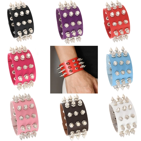 Punk Rock Spiked Wide PU Leather Bracelet For Men Women Adjustable Metal Studded Gothic Handwear Biker Cuff Jewelry Gift