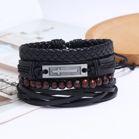 Vintage Mehrlagig Leder Kreuz Armband Set Für Herren Retro Geflochtene Wickelarmbänder Mit Holzperlen Legierung Schmuck