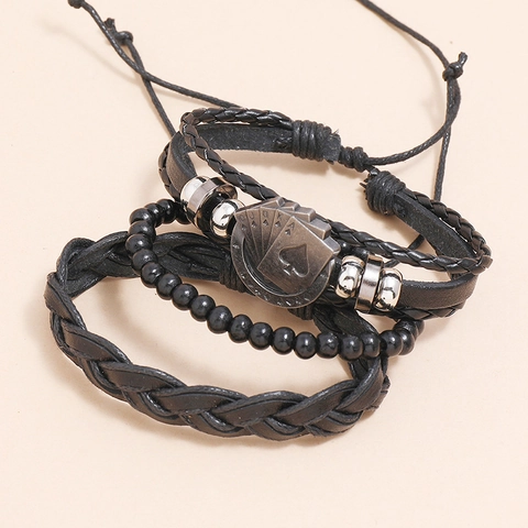 Retro Bohemian Multi-layer Braided Bracelet Set For Men Women Artificial Leather Alloy Wood Beads Poker Card Charm Handmade Bracelet