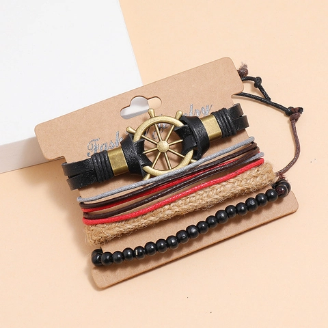 Bracciale Multistrato Vintage in Ecopelle Intrecciata per Uomo Donna Ciondolo a Timone Bohemien Cordino Regolabile Gioielli