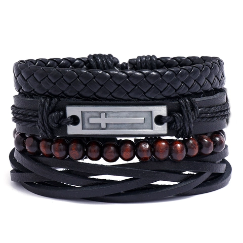 Vintage Mehrlagig Leder Kreuz Armband Set Für Herren Retro Geflochtene Wickelarmbänder Mit Holzperlen Legierung Schmuck