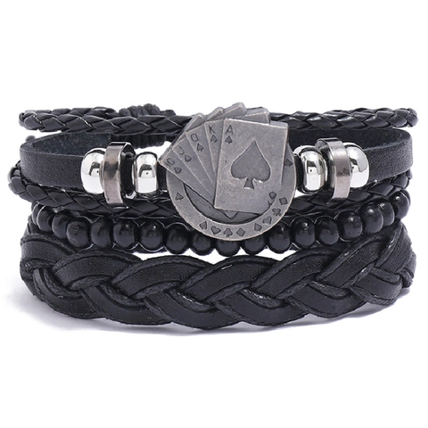 Retro Bohemian Multi-layer Braided Bracelet Set For Men Women Artificial Leather Alloy Wood Beads Poker Card Charm Handmade Bracelet