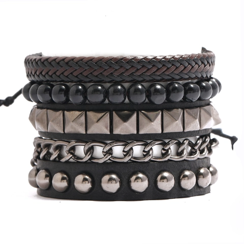 Vintage Gevlochten Echt Lederen Armband Voor Heren Koeienhuid Meerlagige Punk Verstelbare Polsband Handgemaakte Sieraden
