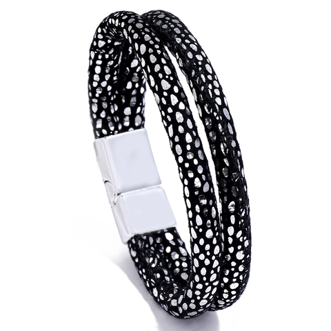 Retro Men Double Layer PU Leather Wrap Bracelet Alloy Magnetic Buckle Metallic Texture Dot Stripe Fashion Wristband Jewelry