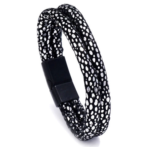 Retro Men Double Layer PU Leather Wrap Bracelet Alloy Magnetic Buckle Metallic Texture Dot Stripe Fashion Wristband Jewelry