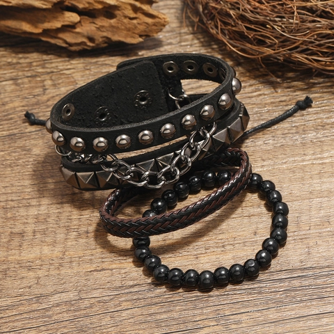 Vintage Gevlochten Echt Lederen Armband Voor Heren Koeienhuid Meerlagige Punk Verstelbare Polsband Handgemaakte Sieraden