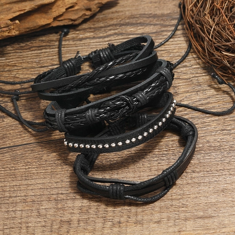 Herren Retro Handgefertigtes Gewebtes Lederarmband-Set Schwarz Rindsleder Wachsseil Mehrlagig Punk Nieten Verstellbar Schmuck