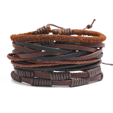 Pulsera Trenzada de Cuero de Vaca Hecha a Mano para Hombre Mujer Conjunto de Múltiples Capas Cordón Tejido Cáñamo Joyería Punk Retro