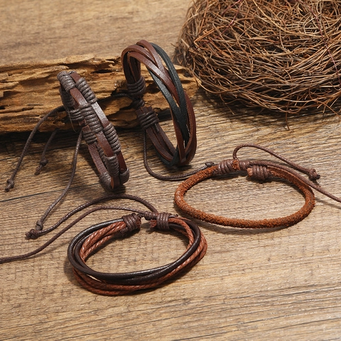 Pulsera Trenzada de Cuero de Vaca Hecha a Mano para Hombre Mujer Conjunto de Múltiples Capas Cordón Tejido Cáñamo Joyería Punk Retro