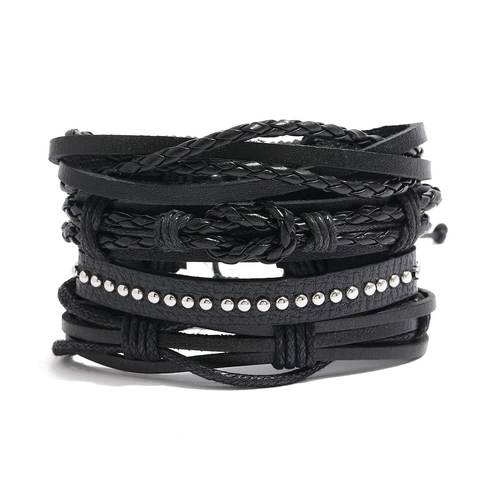 Herren Retro Handgefertigtes Gewebtes Lederarmband-Set Schwarz Rindsleder Wachsseil Mehrlagig Punk Nieten Verstellbar Schmuck
