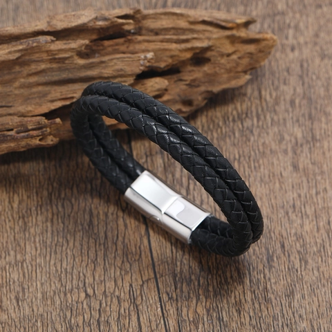 Herren Doppelstöckiges Geflochtenes Lederarmband Mit Edelstahl Magnetverschluss Mode Punk Schmuck Schwarzer Armreif