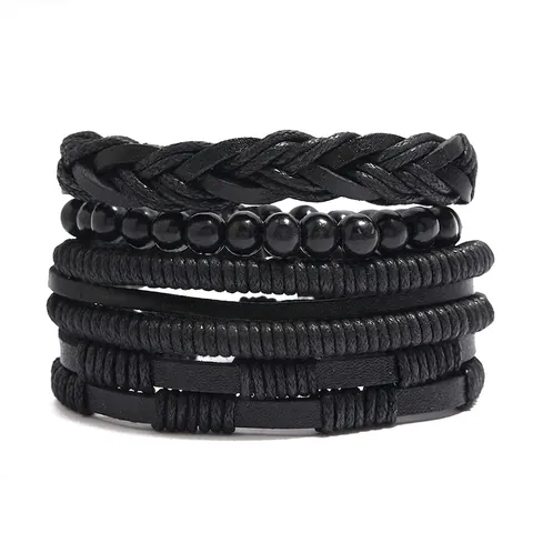 Bracciale Vintage Multistrato in Pelle da Uomo Intrecciato in Pelle di Vacca Perline di Legno Corda di Canapa Gioielli Fatti a Mano