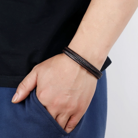 Men Braided PU Leather Bracelet Stainless Steel Magnetic Clasp Minimalist Double Wrap Wristband Casual Fashion Jewelry For Men