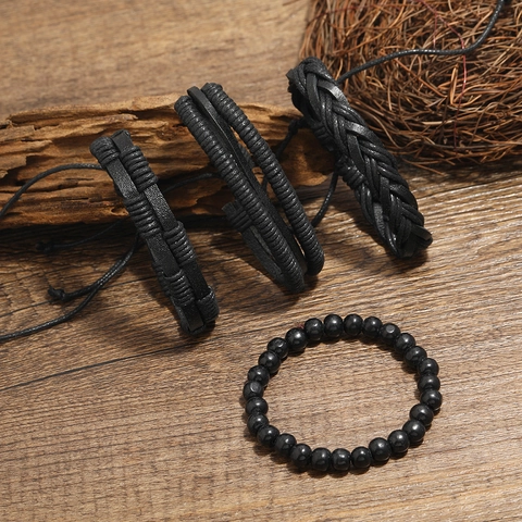 Bracciale Vintage Multistrato in Pelle da Uomo Intrecciato in Pelle di Vacca Perline di Legno Corda di Canapa Gioielli Fatti a Mano